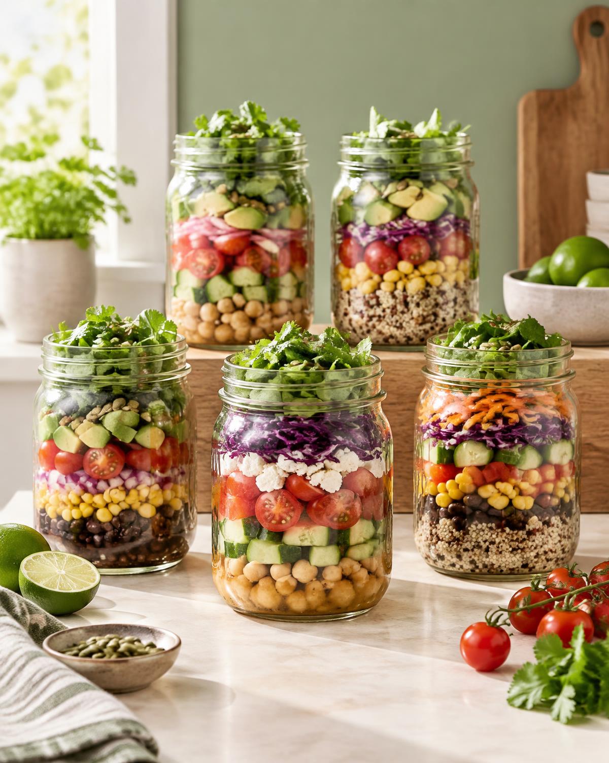 Cinco ensaladas frescas preparadas en frascos
